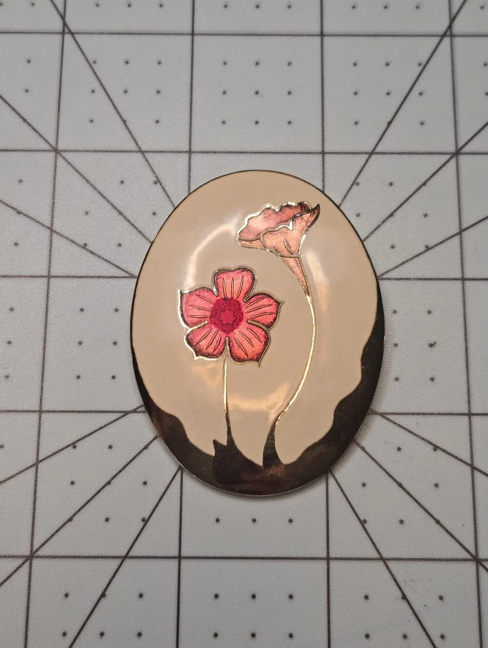 VTG Cloisonne Enamelled Floral Brooch Fish & Crown Gold Tone Art Noveau Inspired